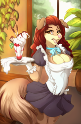 Size: 700x1069 | Tagged: safe, artist:chloe-dog, canine, mammal, anthro, bipedal, blouse, bottomwear, clothes, cute, female, fluff, food, gloves, golden eyes, hair, ice cream, looking at you, maid outfit, neck bow, open mouth, red hair, skirt, solo, solo female, standing, tail, tail fluff, teeth, tongue