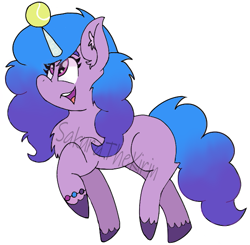 Size: 575x563 | Tagged: safe, artist:sakurathekirin, izzy moonbow (mlp), equine, fictional species, mammal, pony, unicorn, feral, hasbro, my little pony, my little pony g5, spoiler, spoiler:my little pony g5, 2021, bracelet, chest fluff, childproof horn, ear fluff, female, fluff, gradient mane, gradient tail, hooves, horn, horn pattern, jewelry, mare, simple background, solo, solo female, speculation, tail, tennis ball, unshorn fetlocks, white background