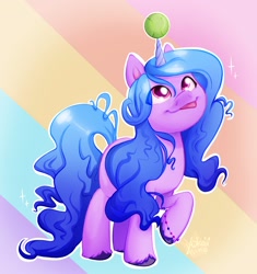 Size: 1926x2048 | Tagged: safe, artist:yokaiihime, izzy moonbow (mlp), equine, fictional species, mammal, pony, unicorn, feral, hasbro, my little pony, my little pony g5, spoiler, spoiler:my little pony g5, 2021, blank flank, blep, bracelet, childproof horn, female, gradient mane, gradient tail, hooves, horn, horn pattern, jewelry, looking up, mare, rainbow background, raised hoof, simple background, solo, solo female, speculation, tail, tennis ball, tongue, tongue out, unshorn fetlocks