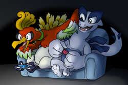 Size: 1440x960 | Tagged: safe, artist:zerochan923600, bird, fictional species, ho-oh, legendary pokémon, lugia, nintendo, nintendo switch, pokémon, 2018, ambiguous gender, ambiguous only, claw hold, claws, controller, couch, duo, duo ambiguous, excited, feathers, fluff, game controller, gamer, gaming, holding, holding object, indoors, passionate, tail, video game, wing hands, wings