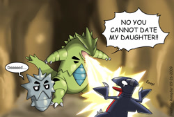 Size: 1664x1125 | Tagged: safe, artist:leedom111, fictional species, gabite, pupitar, tyranitar, feral, nintendo, pokémon, 2009, angry, attacking, black body, blue body, cave, daughter, dialogue, energy attack, father, father and child, father and daughter, female, gray body, green body, group, hyper beam, injured, male, male/female, open mouth, ouch, overprotective, overprotective father, red body, reflection, shouting, suitor, talking, text, this ended in pain, trio, unamused, wrath