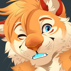 Size: 1280x1280 | Tagged: safe, artist:feve, oc, oc only, oc:axton (ns22highwater), big cat, feline, mammal, tiger, 2021, blue eyes, blue tongue, bust, cheek fluff, colored tongue, cream body, cream fur, digital art, eyebrows, fluff, front view, fur, hair, male, neck fluff, one eye closed, open mouth, orange body, orange fur, orange hair, portrait, red body, red fur, sharp teeth, simple background, solo, solo male, teeth, tongue, whiskers, winking