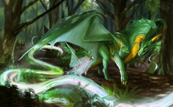 Size: 1760x1100 | Tagged: safe, artist:fellfallow, oc, oc:takaani, ambiguous species, dragon, fictional species, reptile, scaled dragon, western dragon, 2021, ambient wildlife, beak, blurred background, claws, digital art, digital painting, forest, gray body, green body, green scales, horns, outdoors, plant, reptile feet, scales, size difference, spread wings, tree, watermark, webbed wings, whiskers, wings, yellow scales