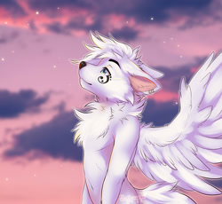 Size: 1280x1179 | Tagged: safe, artist:spectrumbeat, canine, mammal, anthro, 2021, bicolor eyes, black nose, blurred background, cheek fluff, chest fluff, cloud, complete nudity, digital art, ear piercing, earring, ears laid back, eyebrows, feathered wings, feathers, fluff, fur, hair, male, neck fluff, nudity, piercing, pink body, pink fur, side view, signature, solo, solo male, tail, tail fluff, white body, white feathers, white fur, white hair, wings