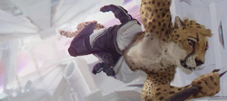 Size: 1280x575 | Tagged: safe, artist:nomax, oc, oc only, oc:spots (spotthecat), cheetah, feline, mammal, anthro, 2021, black nose, brown body, brown eyes, brown fur, clothes, cream body, cream fur, digital art, digital painting, fur, hand hold, holding, nudity, partial nudity, spotted fur, tail, whiskers, yellow body, yellow fur