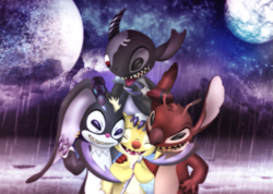 Size: 1181x840 | Tagged: safe, artist:amegared, bragg (stitch!), cyber (stitch!), dark end (stitch!), leroy (lilo & stitch), alien, experiment (lilo & stitch), fictional species, semi-anthro, disney, lilo & stitch, stitch!, 2014, 4 fingers, antennae, big ears, black eyes, claws, cyborg, ear piercing, ears, eyes closed, fluff, flute, fur, grin, group, happy, head fluff, holding musical instrument, holding object, male, moon, open mouth, open smile, piercing, pink nose, purple claws, purple eyes, rain, red body, red eyes, red fur, red nose, smiling, tongue, tongue out, torn ear, yellow body, yellow fur