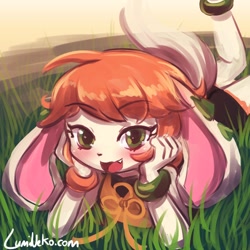 Size: 750x750 | Tagged: safe, artist:lumineko, milla basset (freedom planet), canine, dog, mammal, anthro, freedom planet, big ears, blushing, cute, cute little fangs, ears, fangs, female, grass, green eyes, looking at you, lying down, lying on stomach, prone, solo, solo female, teeth