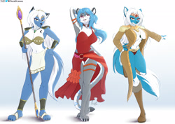 Size: 2078x1470 | Tagged: suggestive, artist:viejillox, krystal (star fox), oc, oc only, oc:allison von blues (tomdiblues), oc:runa von blues (tomdiblues), canine, feline, mammal, wolf, anthro, plantigrade anthro, nintendo, star fox, 4 toes, abstract background, arm behind head, armwear, barefoot, belly button, blue body, blue fur, blue hair, boots, breasts, cheek fluff, cleavage, clothes, colored pupils, cosplay, curvy, dipstick ears, dipstick tail, ear fluff, eyebrows, eyelashes, female, females only, fluff, fur, gray body, gray fur, green eyes, hair, hand on hip, head jewelry, jewelry, loincloth, long hair, looking at you, midriff, necklace, open clothes, open mouth, panties, pendant, pink eyes, red eyes, sandals, shoes, shoulder pads, signature, staff, tail, tail fluff, tattoo, thigh gap, topwear, trio, trio female, underwear, white body, white fur, white hair, yellow eyes