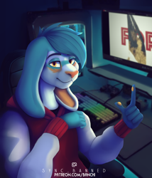 Size: 3000x3500 | Tagged: safe, artist:syncbanned, oc, lagomorph, mammal, rabbit, anthro, amber eyes, bedroom, blue body, blue fur, blue hair, blue light, clothes, commission, digital art, ears, fur, hair, high res, indoors, keyboard, looking at you, male, night, pc, setup, solo, solo male, ych result