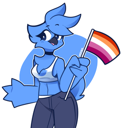 Size: 2485x2564 | Tagged: safe, artist:inkplasm, tweetfur, bird, anthro, cc by-nc, creative commons, twitter, 2020, black outline, bottomwear, clothes, crop top, double outline, feathers, female, flat colors, high res, lesbian pride flag, open mouth, pride flag, simple background, solo, solo female, tail, topwear, transparent background, white outline