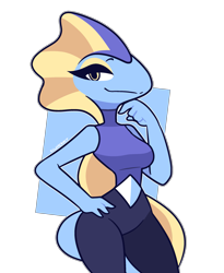 Size: 2225x2715 | Tagged: safe, artist:inkplasm, fictional species, inteleon, lizard, reptile, anthro, cc by-nc-nd, creative commons, nintendo, pokémon, bedroom eyes, black outline, blue body, breasts, double outline, eyebrows, eyelashes, eyeshadow, female, flat colors, hand on hip, high res, looking at you, makeup, sexy, simple background, smiling, smiling at you, smug, solo, solo female, starter pokémon, tail, thick thighs, thighs, transparent background, watermark, white outline, wide hips, yellow eyes