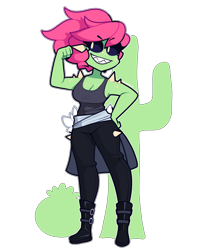 Size: 2405x3000 | Tagged: safe, artist:inkplasm, oc, oc only, animate plant, fictional species, anthro, plantigrade anthro, cc by-nc-nd, creative commons, 2019, badass, black outline, boots, cactus, clothes, double outline, female, flat colors, hair, hand on hip, high res, pink hair, sharp teeth, shoes, simple background, solo, solo female, teeth, thorns, transparent background, white outline