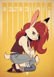 Size: 905x1280 | Tagged: safe, artist:fox-popvli, oc, oc:desdemona (reggaecyp), hare, lagomorph, mammal, rabbit, anthro, plantigrade anthro, anklet, belt, bracelet, brown hair, buckteeth, clothes, dipstick ears, female, fur, gray eyes, hair, hand on knee, jeans, jewelry, kneeling, looking at you, on one knee, pants, shoes, simple background, solo, solo female, tank top, teeth, text, topwear, white body, white fur, yellow background