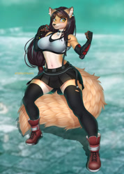 Size: 1280x1793 | Tagged: safe, artist:tarsodraws, tifa lockheart (final fantasy), oc, oc only, canine, fox, mammal, anthro, final fantasy, square enix, 2021, belly button, big breasts, boots, bottomwear, breasts, brown body, brown fur, clothes, collar, commission, cosplay, crop top, ear fluff, ear piercing, earring, female, fingerless gloves, fluff, fur, gloves, gradient fur, hair, long hair, long tail, midriff, piercing, shoes, skirt, sneakers, solo, solo female, tail, tail fluff, tank top, topwear, vixen, yellow eyes