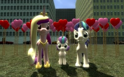 Size: 1440x900 | Tagged: safe, artist:sonic5421, princess cadence (mlp), princess flurry heart (mlp), shining armor (mlp), alicorn, equine, fictional species, mammal, pony, unicorn, feral, friendship is magic, hasbro, my little pony, 2020, 3d, atg 2020, crown, female, filly, foal, group, hoof shoes, horn, jewelry, male, mare, newbie artist training grounds, peytral, regalia, smiling, source filmmaker, stallion, tail, trio, young