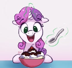Size: 2048x1925 | Tagged: safe, artist:thefloatingtree, sweetie belle (mlp), equine, fictional species, mammal, pony, unicorn, feral, friendship is magic, hasbro, my little pony, 2020, atg 2020, banana, banana split, bowl, cherry, chocolate, chocolate sauce, female, filly, foal, food, fruit, happy, ice cream, newbie artist training grounds, open mouth, signature, solo, solo female, spoon, tail, telekinesis, young