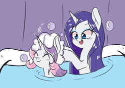 Size: 842x595 | Tagged: safe, artist:shelltoon_art, rarity (mlp), sweetie belle (mlp), equine, fictional species, mammal, pony, unicorn, feral, friendship is magic, hasbro, my little pony, 2020, atg 2020, bath, duo, duo female, eyes closed, female, females only, filly, foal, hair, happy, horn, mare, newbie artist training grounds, open mouth, shampoo, smiling, tail, washing hair, water, young