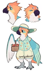 Size: 795x1257 | Tagged: safe, artist:smolpinkcat, bird, anthro, 2021, ambiguous gender, apple, basket, beak, bird feet, blue feathers, claws, clothes, cute, digital art, feathered wings, feathers, fluff, food, fruit, hat, neck fluff, one eye closed, orange feathers, signature, solo, solo ambiguous, tail, tail feathers, white feathers, winged arms, wings, winking
