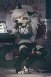 Size: 666x1000 | Tagged: safe, artist:miles-df, loona (vivzmind), canine, fictional species, hellhound, mammal, anthro, digitigrade anthro, hazbin hotel, helluva boss, 2021, bottomwear, chair, clothes, computer, crop top, desk, digital art, female, indoors, looking at you, sitting, solo, solo female, topwear