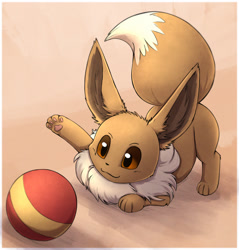 Size: 1223x1280 | Tagged: safe, artist:otakuap, eevee, eeveelution, fictional species, mammal, feral, nintendo, pokémon, 2d, ambiguous gender, ball, behaving like a cat, border, brown body, brown eyes, brown fur, cute, fluff, fur, neck fluff, paw pads, paws, playing, smiling, solo, solo ambiguous, underpaw, white border
