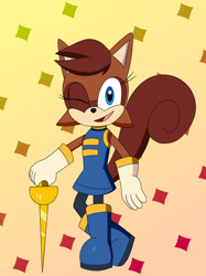 Size: 1024x1366 | Tagged: safe, artist:oznesnitram, princess sally acorn (sonic), mammal, rodent, squirrel, anthro, plantigrade anthro, archie sonic the hedgehog, idw sonic the hedgehog, sega, sonic the hedgehog (series), 2021, female, redesign, solo, solo female, sword, weapon
