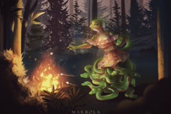 Size: 1024x682 | Tagged: safe, artist:marbola, oc, oc:sylene, reptile, snake, anthro, campfire, clothes, dress, female, fire, food, forest, marshmallow, multiple heads, outdoors, scales, solo, solo female