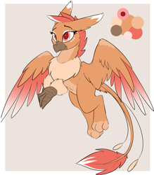Size: 1231x1408 | Tagged: safe, artist:beardie, oc, oc:raaz, bird, feline, fictional species, gryphon, mammal, feral, chest fluff, claws, feathers, female, fluff, fur, paws, red eyes, reference sheet, simple background, solo, solo female, tail, tail fluff, talons