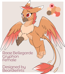 Size: 1231x1408 | Tagged: safe, alternate version, artist:beardie, oc, oc:raaz, bird, feline, fictional species, gryphon, mammal, feral, chest fluff, claws, feathers, female, fluff, fur, paws, red eyes, reference sheet, simple background, solo, solo female, tail, tail fluff, talons, text