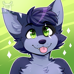 Size: 1692x1692 | Tagged: safe, artist:fleurfurr, oc, oc:skoldethewolf, canine, mammal, wolf, anthro, 2020, abstract background, blep, bust, cheek fluff, chest fluff, colored pupils, cute, digital art, eyebrow through hair, eyebrows, fluff, front view, fur, gray body, gray fur, green eyes, hair, male, multicolored fur, portrait, solo, solo male, tongue, tongue out, two toned body, two toned fur