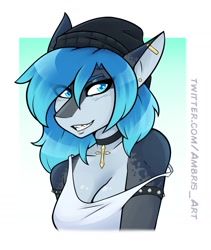 Size: 1200x1425 | Tagged: safe, artist:ambris, oc, oc only, oc:erika (ambris), fish, shark, anthro, abstract background, beanie, blue eyes, blue hair, border, breasts, bust, choker, cleavage, clothes, cross, cute, ear piercing, eye through hair, eyebrows, eyelashes, female, gradient background, gray skin, hair, industrial piercing, looking at you, ocbetes, pendant, piercing, pointy ears, sharp teeth, short hair, skin, smiling, smiling at you, solo, solo female, teeth, white border
