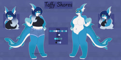 Size: 1024x506 | Tagged: safe, artist:calibykitty, artist:sammiemae227, oc, oc only, oc:taffy shores, fish, shark, anthro, abstract background, blue body, breasts, clothes, color palette, colored pupils, female, fins, fish tail, hair, paws, reference sheet, shark tail, simple background, smiling, solo, solo female, standing, tail, teeth, thick, tongue, tongue out