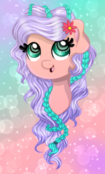 Size: 2368x3920 | Tagged: safe, artist:indignite, oc, oc only, oc:sunrise smile, earth pony, equine, fictional species, mammal, pony, feral, friendship is magic, hasbro, my little pony, 2020, art trade, braid, bust, female, flower, flower in hair, hair, hair accessory, hair braid, happy, high res, looking up, mare, open mouth, solo, solo female