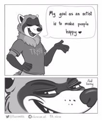 Size: 3281x3894 | Tagged: safe, artist:nik raccoom, mammal, procyonid, raccoon, anthro, 2021, cheek fluff, close-up, clothes, comic, digital art, eyes closed, fluff, funny, grayscale, grin, hand on waist, high res, looking at you, male, monochrome, neck fluff, open mouth, shirt, simple background, smiling, solo, solo male, speech bubble, talking, teeth, topwear, white background