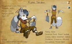 Size: 1280x779 | Tagged: safe, artist:t-ka, oc, oc only, oc:kyte terens, canine, mammal, wolf, anthro, plantigrade anthro, bottomwear, clothes, green eyes, male, pants, rags, reference sheet, sandals, shirt, shoes, solo, solo male, sword, topwear, torn clothes, vest, weapon