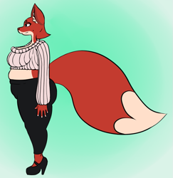 Size: 669x687 | Tagged: safe, artist:onetiredbear, oc, oc only, canine, fox, mammal, anthro, plantigrade anthro, beauty mark, big breasts, big tail, bottomwear, breasts, clothes, crop top, cropped sweater, ear fluff, female, fluff, high heels, lidded eyes, mature, mature female, midriff, pants, shoes, side view, slightly chubby, solo, solo female, sweater, tail, topwear, vixen
