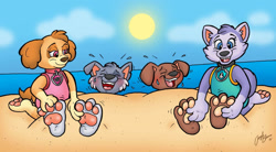 Size: 1024x564 | Tagged: safe, artist:blackthornpubl, everest (paw patrol), rocky (paw patrol), skye (paw patrol), zuma (paw patrol), canine, cockapoo, dog, husky, labrador, mammal, mutt, nordic sled dog, anthro, plantigrade anthro, nickelodeon, paw patrol, 2016, beach, black nose, clothes, collar, digital art, ears, eyes closed, female, fur, laughing, male, ocean, open mouth, paw pads, paws, sand, sky, sun, swimsuit, tickle torture, tongue, underpaw, water