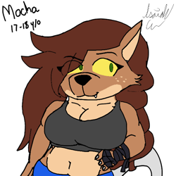 Size: 600x600 | Tagged: suggestive, artist:isaiahtse, big cat, feline, lion, mammal, anthro, brown hair, clothes, colored sclera, familiar travels, fangs, female, green sclera, hair, lioness, mocha (familiar travels), sharp teeth, simple background, slightly chubby, solo, solo female, teeth, text, watermark, white background, yellow eyes