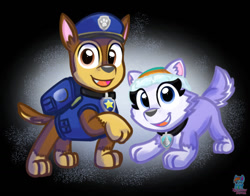 Size: 1280x1002 | Tagged: safe, artist:rainbow eevee, chase (paw patrol), everest (paw patrol), canine, dog, german shepherd, husky, mammal, nordic sled dog, feral, nickelodeon, paw patrol, 2021, bag, beanie, black nose, clothes, collar, digital art, duo, ears, female, fur, hat, looking at you, male, open mouth, simple background, tail, tongue, topwear, vest