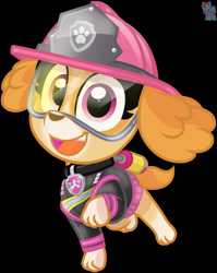 Size: 1018x1280 | Tagged: safe, artist:rainbow eevee, skye (paw patrol), canine, cockapoo, dog, mammal, feral, nickelodeon, paw patrol, 2020, bag, black nose, clothes, collar, digital art, ears, female, fur, helmet, looking at you, open mouth, open smile, smiling, solo, solo female, tail, tongue, topwear, vest