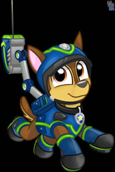 Size: 862x1280 | Tagged: safe, artist:rainbow eevee, chase (paw patrol), canine, dog, german shepherd, mammal, feral, nickelodeon, paw patrol, 2020, bag, black nose, clothes, collar, digital art, ears, fur, helmet, looking at you, male, solo, solo male, tail, topwear, vest