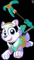 Size: 725x1280 | Tagged: safe, artist:rainbow eevee, everest (paw patrol), canine, dog, husky, mammal, nordic sled dog, feral, nickelodeon, paw patrol, 2020, bag, beanie, black nose, clothes, collar, digital art, ears, female, fur, looking at you, open mouth, open smile, paw pads, paws, smiling, solo, solo female, tail, tongue, tongue out, topwear, vest