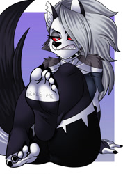 Size: 905x1280 | Tagged: safe, artist:cyborg-steve, loona (vivzmind), canine, fictional species, hellhound, mammal, anthro, plantigrade anthro, hazbin hotel, helluva boss, 2021, barefoot, bedroom eyes, black nose, breasts, clothes, colored sclera, commission, digital art, ears, eyelashes, feet, female, fluff, foot fetish, fur, hair, legwear, looking at you, red sclera, sharp teeth, shoulder fluff, simple background, solo, solo female, stockings, tail, teeth, ych result