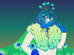 Size: 1024x768 | Tagged: safe, artist:pigeorgien, oc, oc only, oc:duncan mayura, bird, galliform, peafowl, anthro, beak, blue feathers, brown eyes, cape, clothes, crest, eyebrows, eyeshadow, feather boa, feathers, gradient background, hair, makeup, male, shirt, solo, solo male, teeth, topwear