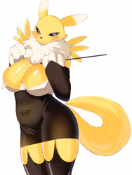 Size: 2396x3179 | Tagged: suggestive, artist:meettheton, fictional species, renamon, anthro, digimon, 2021, 3 fingers, belly button, big breasts, black sclera, blue eyes, blushing, bottomwear, breasts, cleavage, clothes, colored sclera, embarrassed, female, gloves, handwear, high res, huge breasts, legwear, looking at you, simple background, skirt, solo, solo female, stick, stockings, sweat, tight clothing, topwear, uniform, white background, yellow body