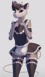 Size: 1216x2058 | Tagged: suggestive, artist:cerf, oc, oc only, mammal, marsupial, opossum, anthro, black eyes, clothes, crossdressing, eyelashes, fur, gray body, gray fur, legwear, maid headdress, maid outfit, male, panties, panty shot, solo, solo male, stockings, thigh highs, underwear, white panties