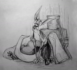 Size: 1600x1462 | Tagged: safe, artist:karintina, fictional species, yinglet, anthro, the out-of-placers, monochrome, solo, traditional art