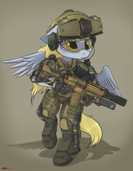 Size: 2158x2788 | Tagged: safe, artist:merqrous, derpy hooves (mlp), equine, fictional species, mammal, pegasus, pony, anthro, friendship is magic, hasbro, my little pony, anthrofied, boots, bottomwear, clothes, exosuit, female, gloves, gun, headset, helmet, high res, pants, rifle, shoes, solo, solo female, spread wings, topwear, uniform, vest, visor, weapon, wings