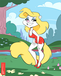 Size: 800x1000 | Tagged: safe, artist:birchly, minerva mink (animaniacs), mammal, mink, mustelid, anthro, plantigrade anthro, animaniacs, warner brothers, breasts, cleavage, clothes, dress, female, grin, high heels, little red dress, looking at you, shoes, smiling, solo, solo female