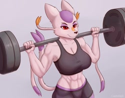 Size: 1280x996 | Tagged: safe, artist:cooliehigh, fictional species, mammal, mienshao, anthro, nintendo, pokémon, 2018, big breasts, bottomwear, breasts, cheek fluff, clothes, crop top, ear fluff, female, fluff, head fluff, lidded eyes, midriff, muscles, red eyes, shorts, shoulder fluff, smiling, solo, solo female, sweat, tank top, topwear, weight lifting, weights