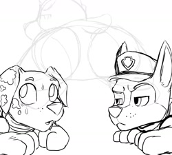 Size: 2000x1800 | Tagged: suggestive, artist:diacordst, chase (paw patrol), marshall (paw patrol), canine, dalmatian, dog, german shepherd, mammal, feral, nickelodeon, paw patrol, butt, clothes, collar, digital art, ears, fur, hat, looking at each other, looking away, monochrome, simple background, sketch, spotted body, spotted fur, sweat, sweatdrop, tail, unamused, underwear, white background, work in progress
